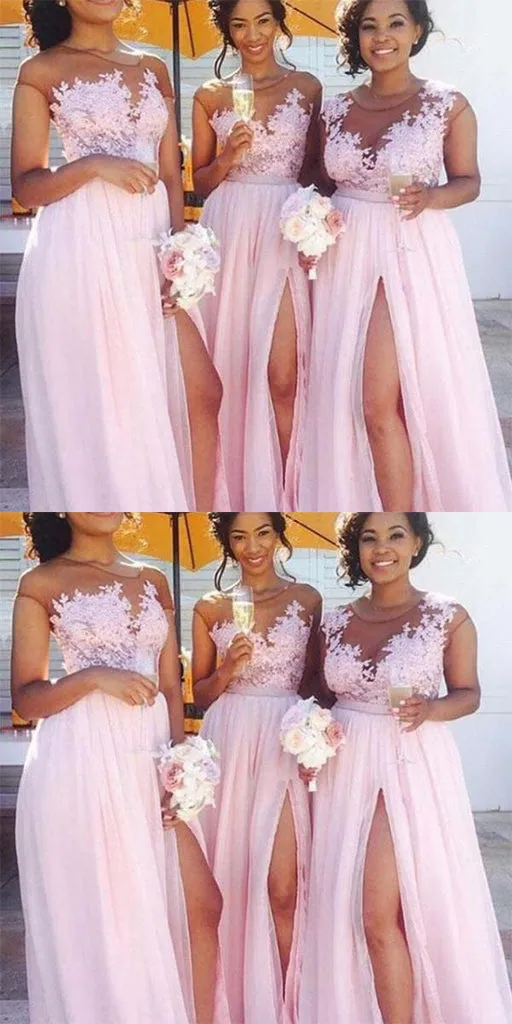 Cheap Lace Applique Pink Chiffon Slit Long Bridesmaid Dress,Cheap Bridesmaid Dresses,WGY0202