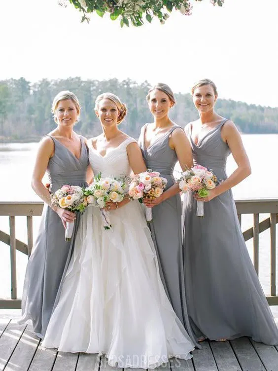 Cheap V Neck Chiffon Custom Long Bridesmaid Dresses, WG236