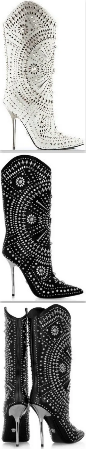 'Chelsea' Studded Embellished Stiletto Boots in Black or White