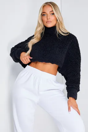 Cherry Black Teddy Cropped Batwing Jumper