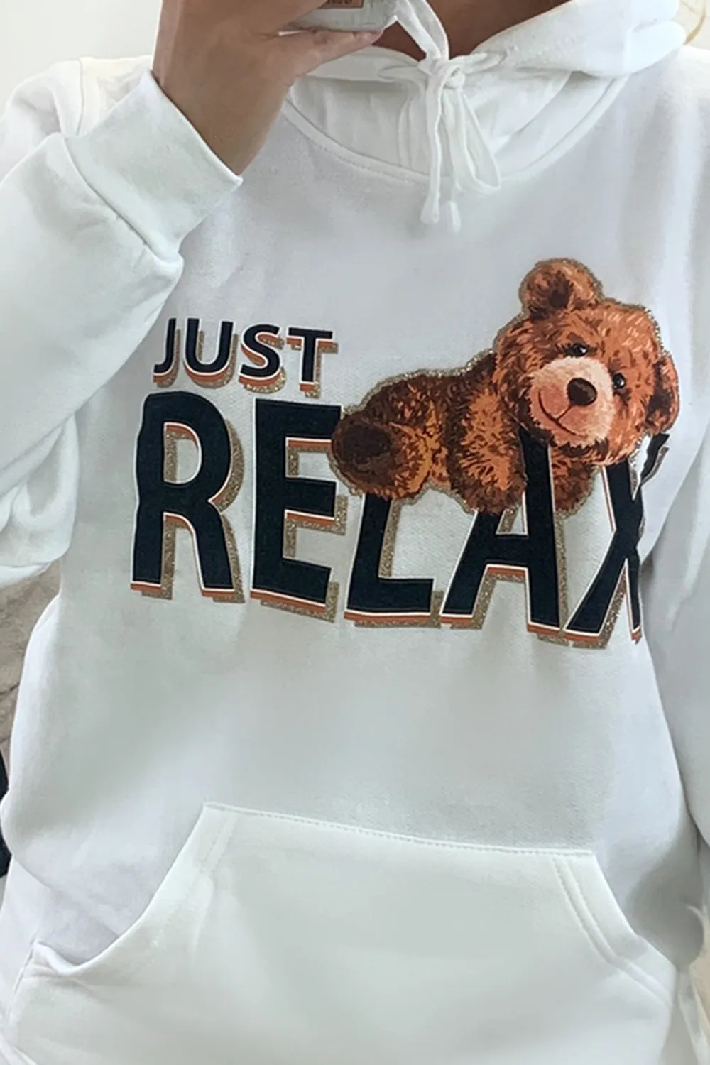 Clarissa White Relax Teddy Graphic Print Oversized Hoodie