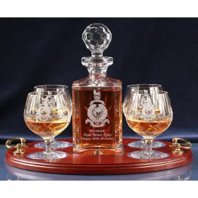 Crystal Panel Cut 5 Piece Brandy Serving Tray Set in a Satin Presentation Box H30G