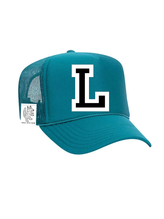 Custom Initial Letter (A-Z) Adult Trucker Hat (Aqua)