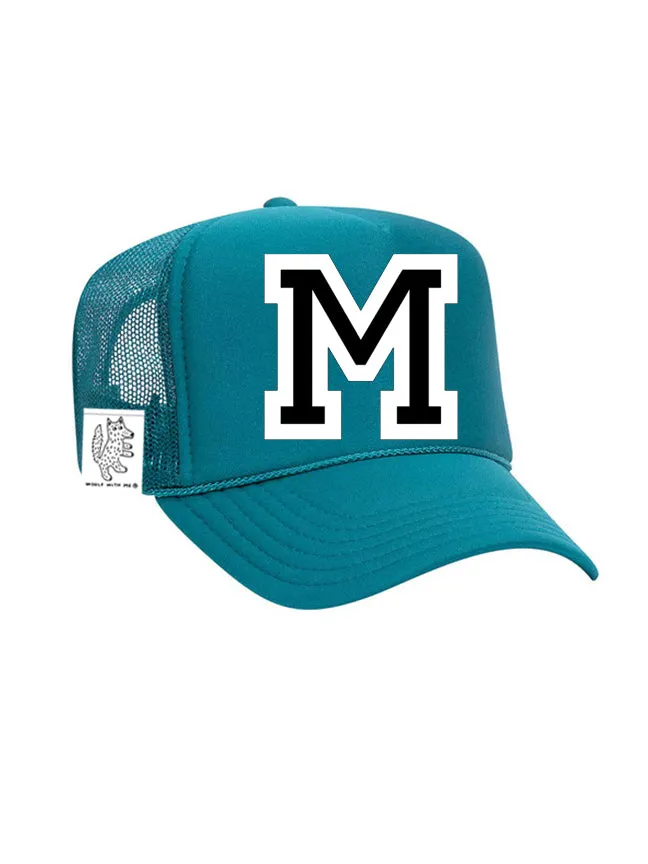 Custom Initial Letter (A-Z) Adult Trucker Hat (Aqua)