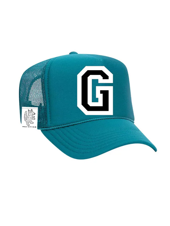 Custom Initial Letter (A-Z) Adult Trucker Hat (Aqua)