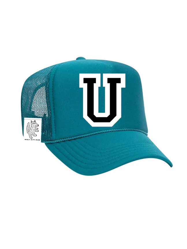 Custom Initial Letter (A-Z) Adult Trucker Hat (Aqua)