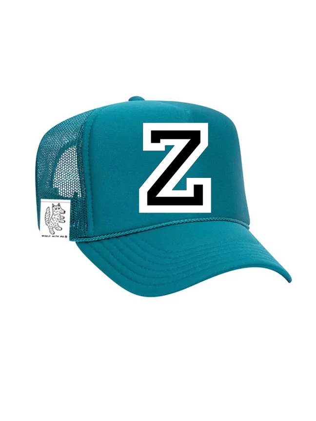 Custom Initial Letter (A-Z) Adult Trucker Hat (Aqua)