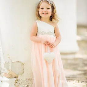 Cute One Shoulder Pink Chiffon Beaded A-line Long Cheap Flower Girl Dresses, FGS0018