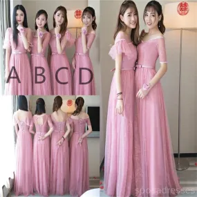 Cute Pink Lace Tulle Long Bridesmaid Dresses, Long Bridesmaid Dresses, BD004