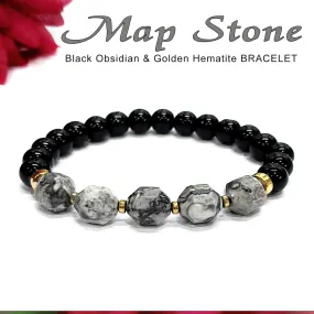 Diamond Cut Map Stone With Black Obsidian And Golden Hematite Bracelet