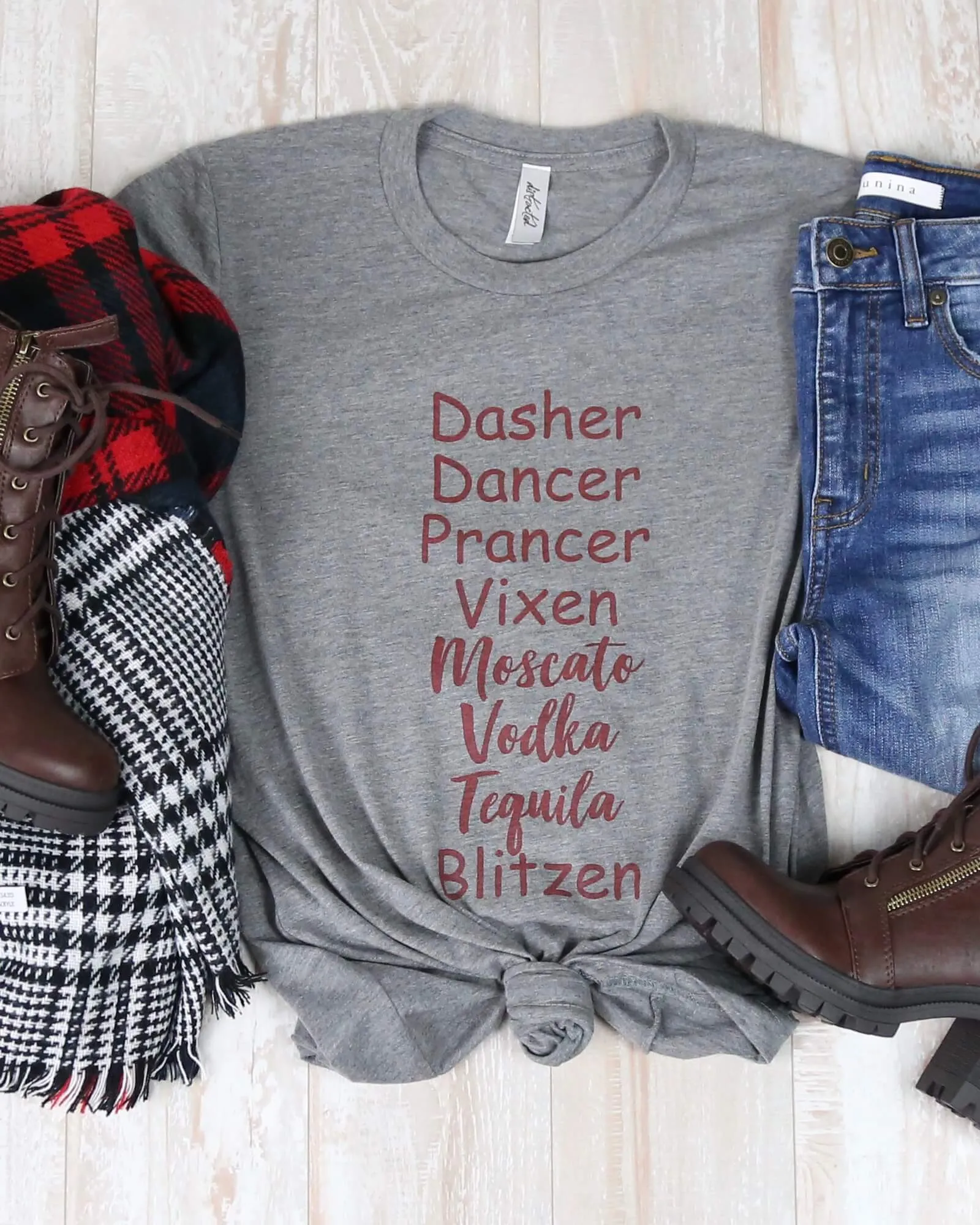 Distracted T Shirt - Dasher Dancer Prancer Vixen Moscato Vodka Tequila Blitzen Christmas Shirt