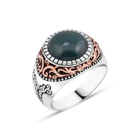 Domic Small Circle Green Agate Stone Silver Men's Ring with Wavy Top Pattern