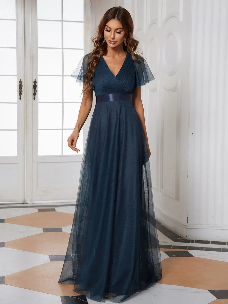 Double V-Neck Floor-Length Short Sleeve Tulle Bridesmaid Dresses