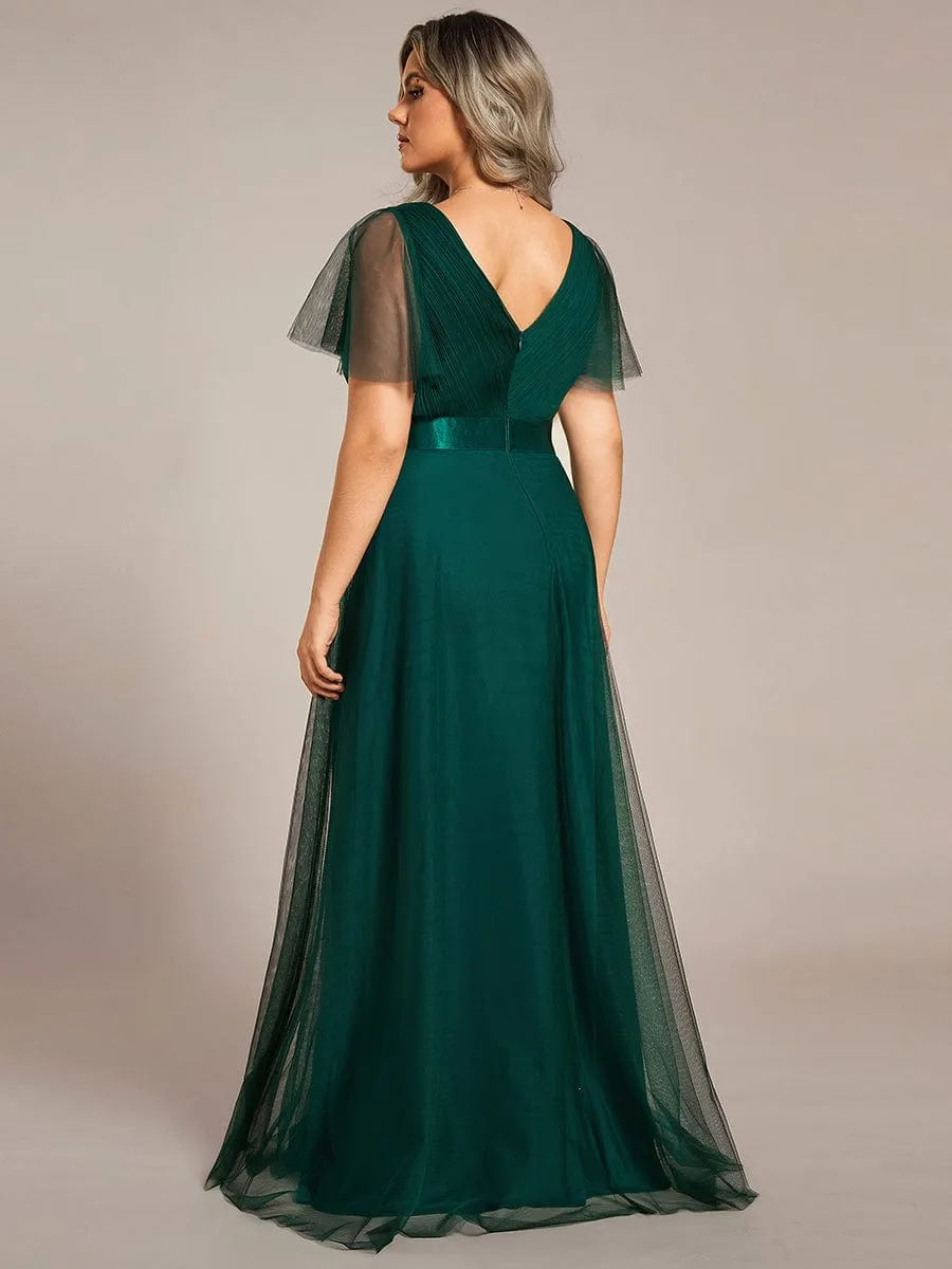 Double V-Neck Floor-Length Short Sleeve Tulle Bridesmaid Dresses