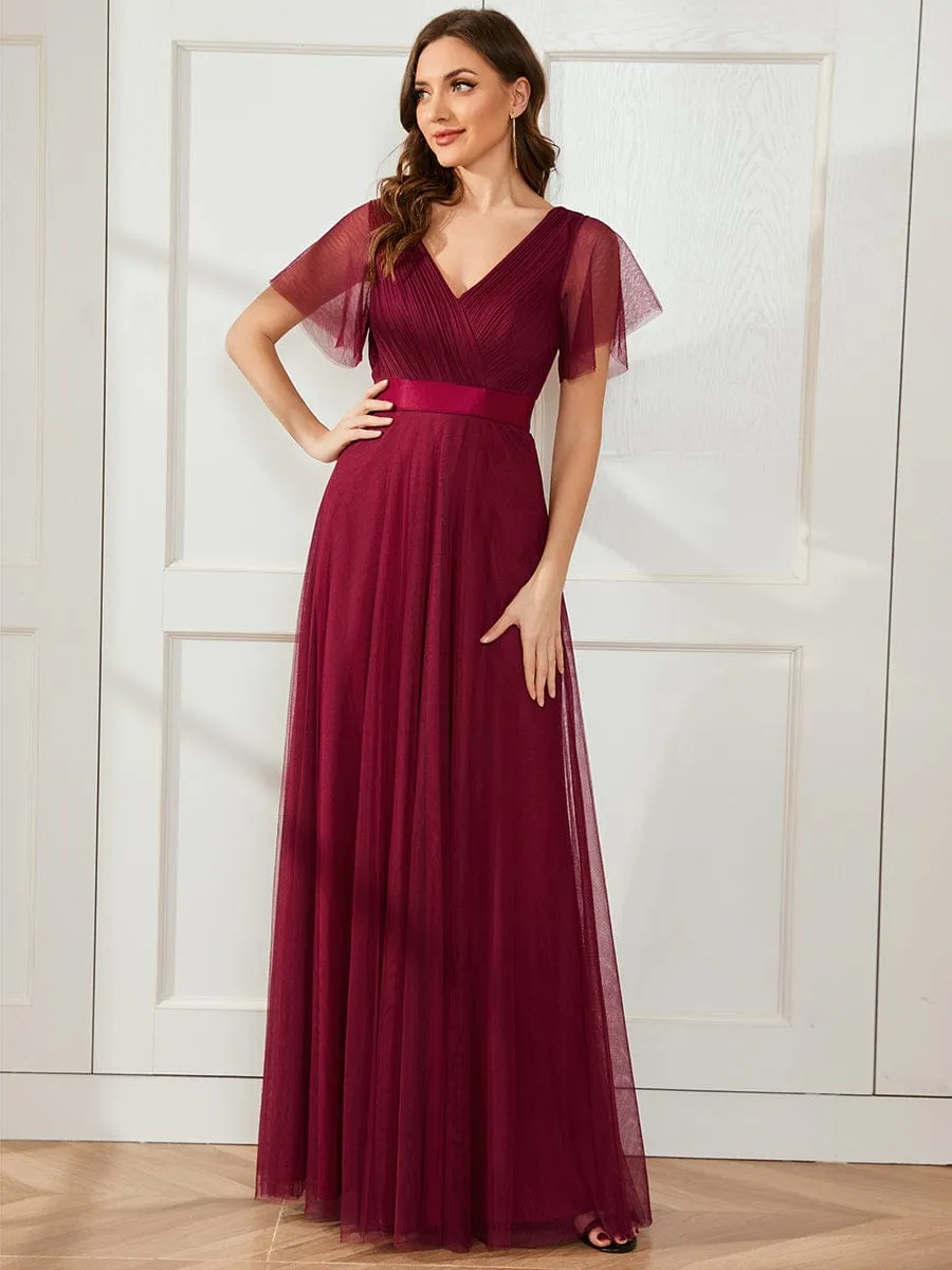 Double V-Neck Floor-Length Short Sleeve Tulle Bridesmaid Dresses