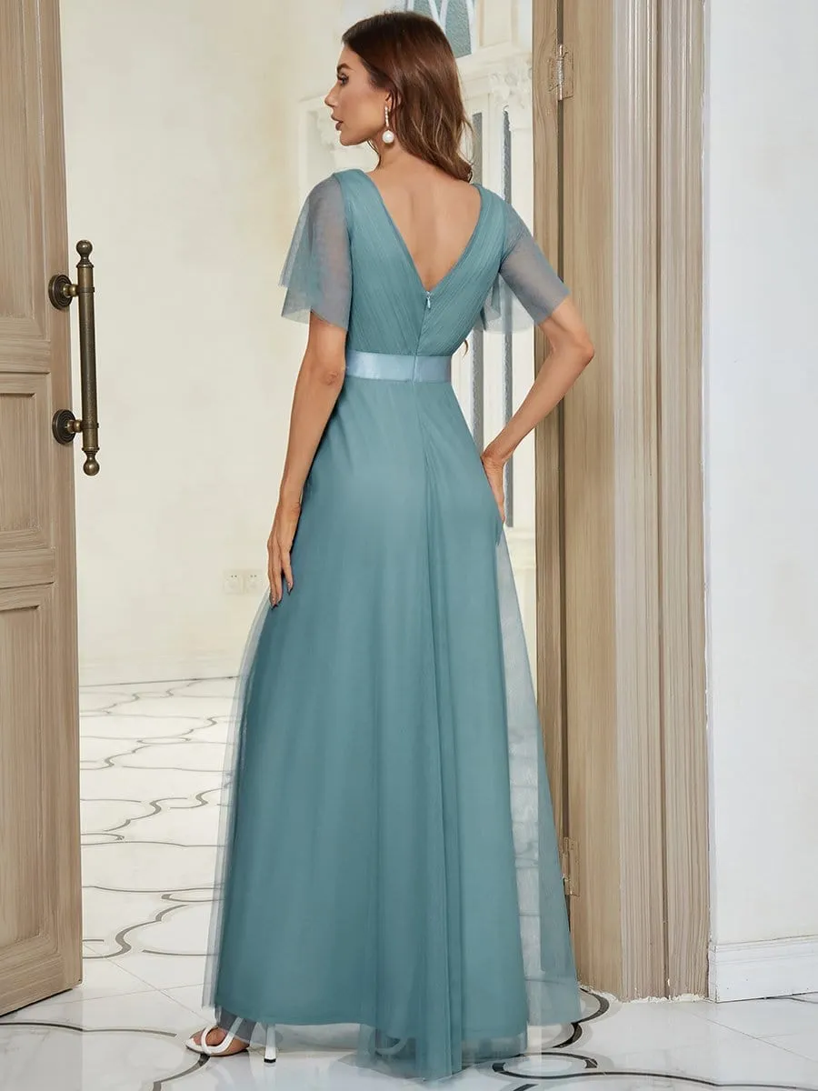 Double V-Neck Floor-Length Short Sleeve Tulle Bridesmaid Dresses