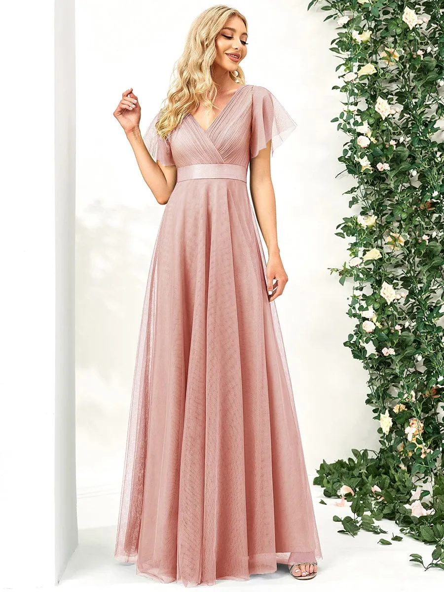 Double V-Neck Floor-Length Short Sleeve Tulle Bridesmaid Dresses