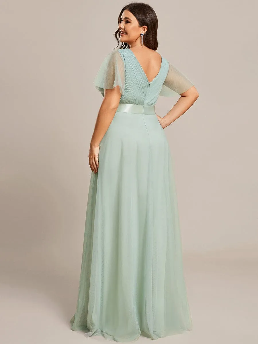 Double V-Neck Floor-Length Short Sleeve Tulle Bridesmaid Dresses