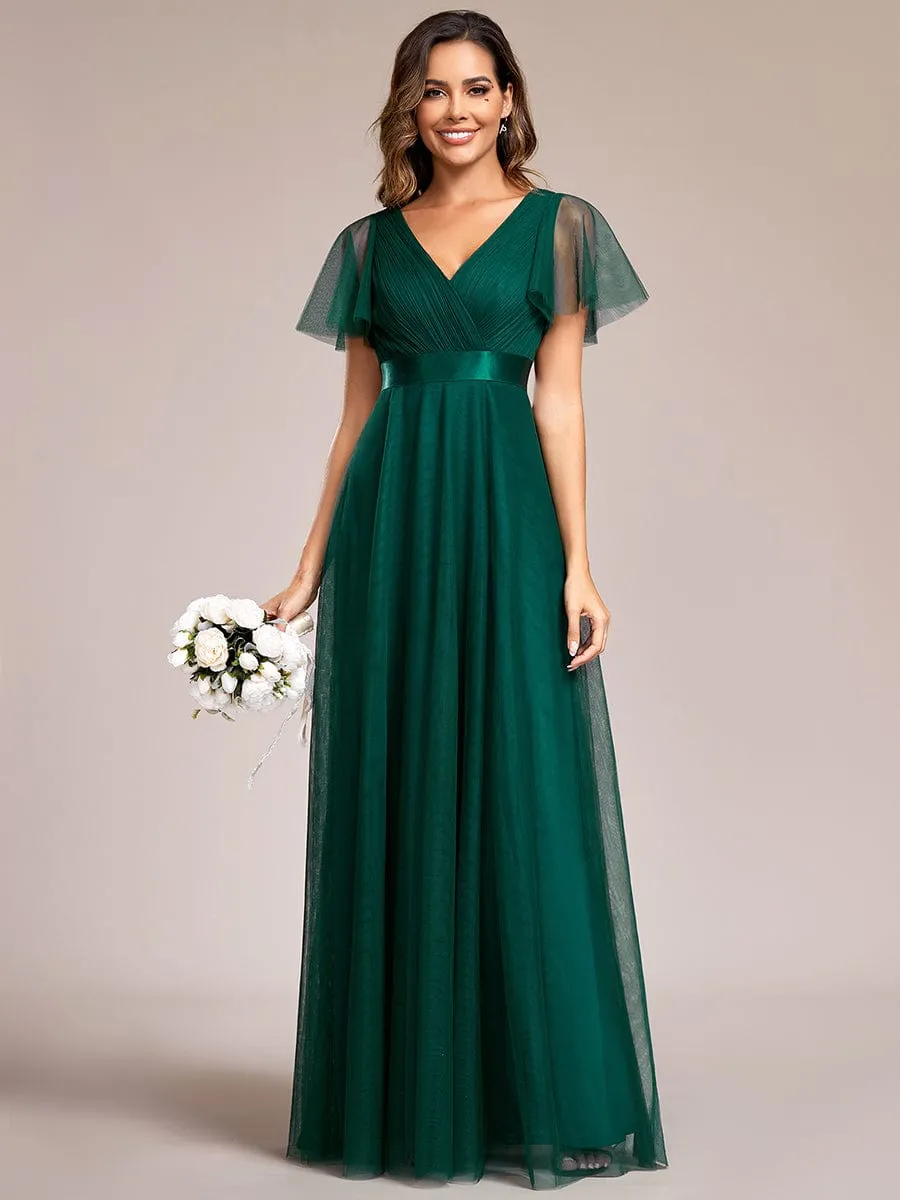 Double V-Neck Floor-Length Short Sleeve Tulle Bridesmaid Dresses