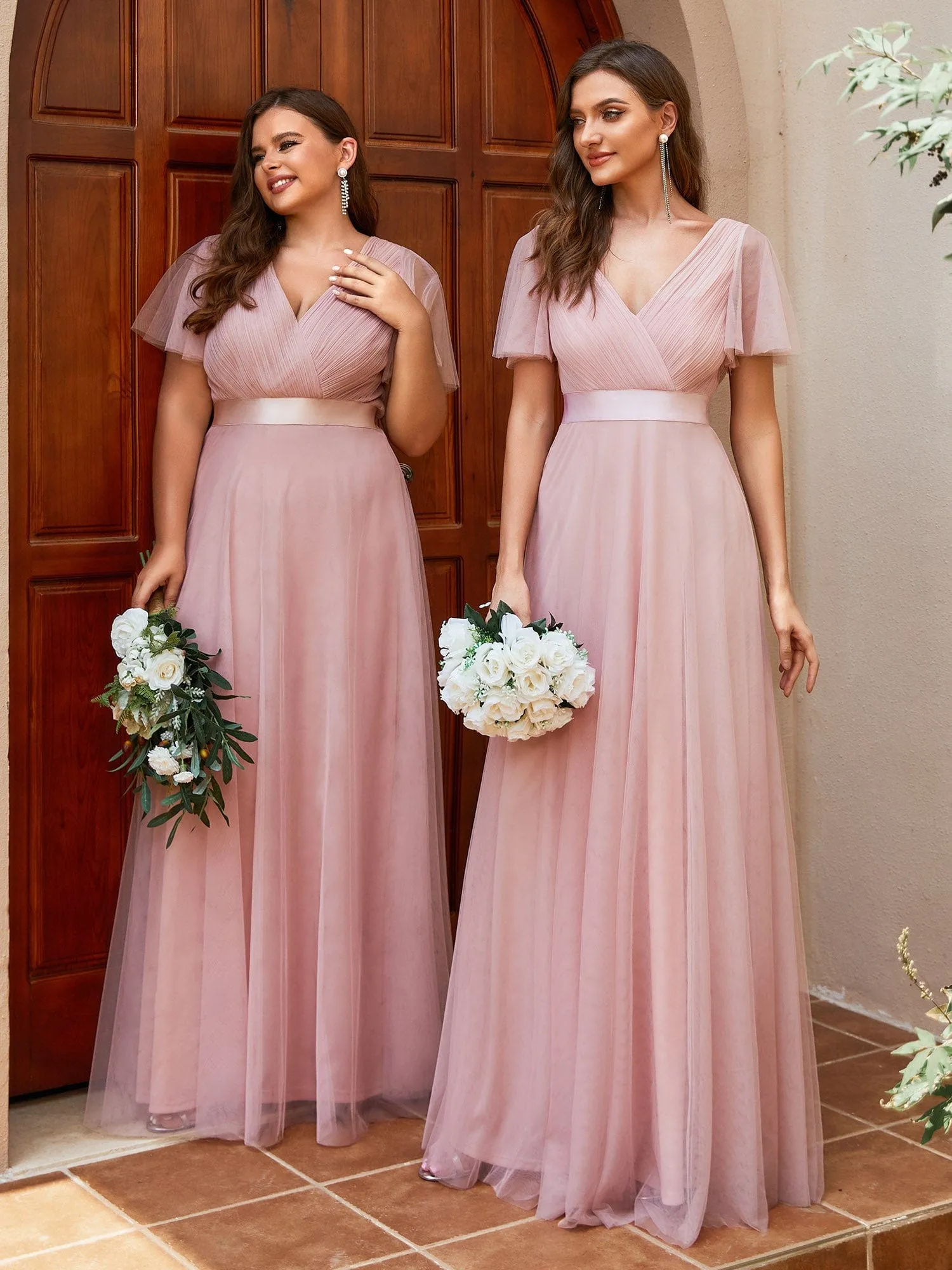 Double V-Neck Floor-Length Short Sleeve Tulle Bridesmaid Dresses