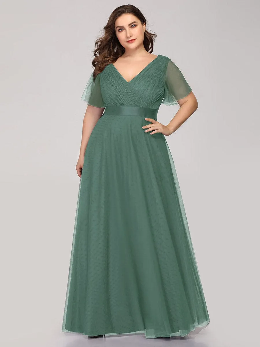 Double V-Neck Floor-Length Short Sleeve Tulle Bridesmaid Dresses