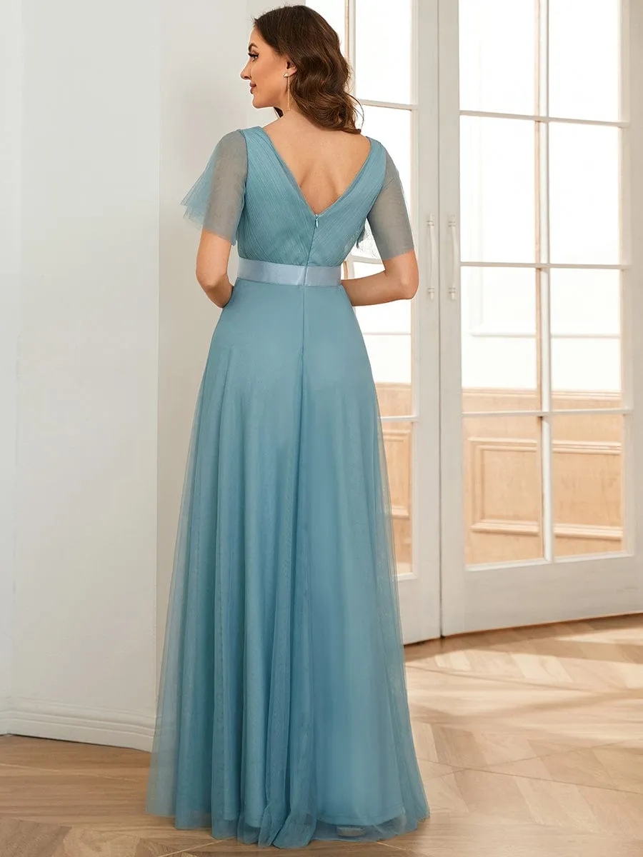 Double V-Neck Floor-Length Short Sleeve Tulle Bridesmaid Dresses