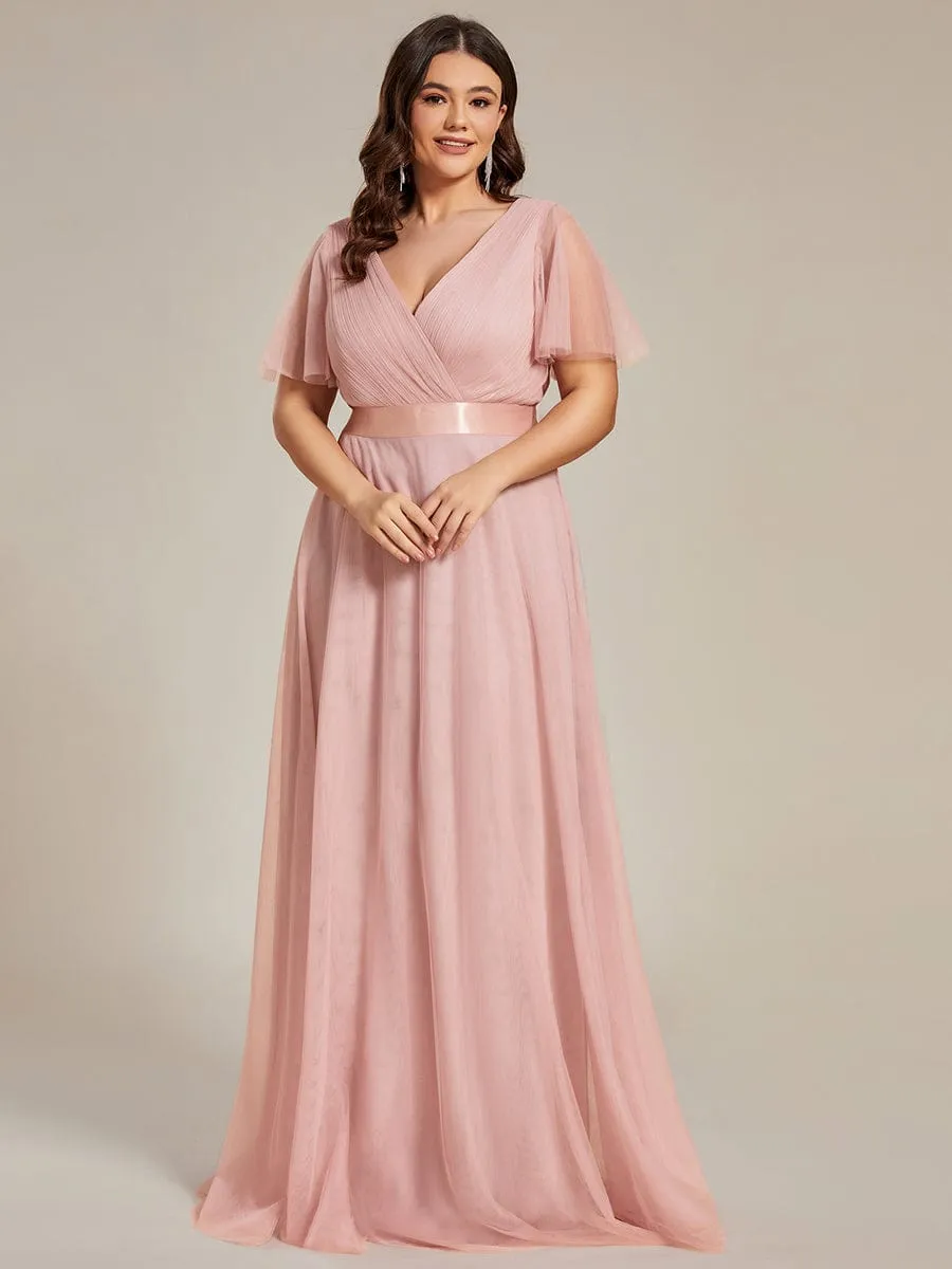 Double V-Neck Floor-Length Short Sleeve Tulle Bridesmaid Dresses