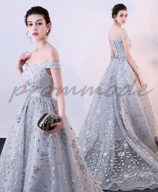 Elegant Gary Tulle Off Shoulder Long Evening Gowns,Prom Dresses,Party Dresses,PDY0348