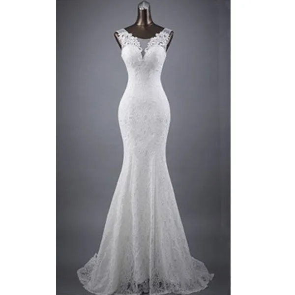 Elegant Sleeveless Mermaid Lace Up Popular White Lace Wedding Dresses, WD0142