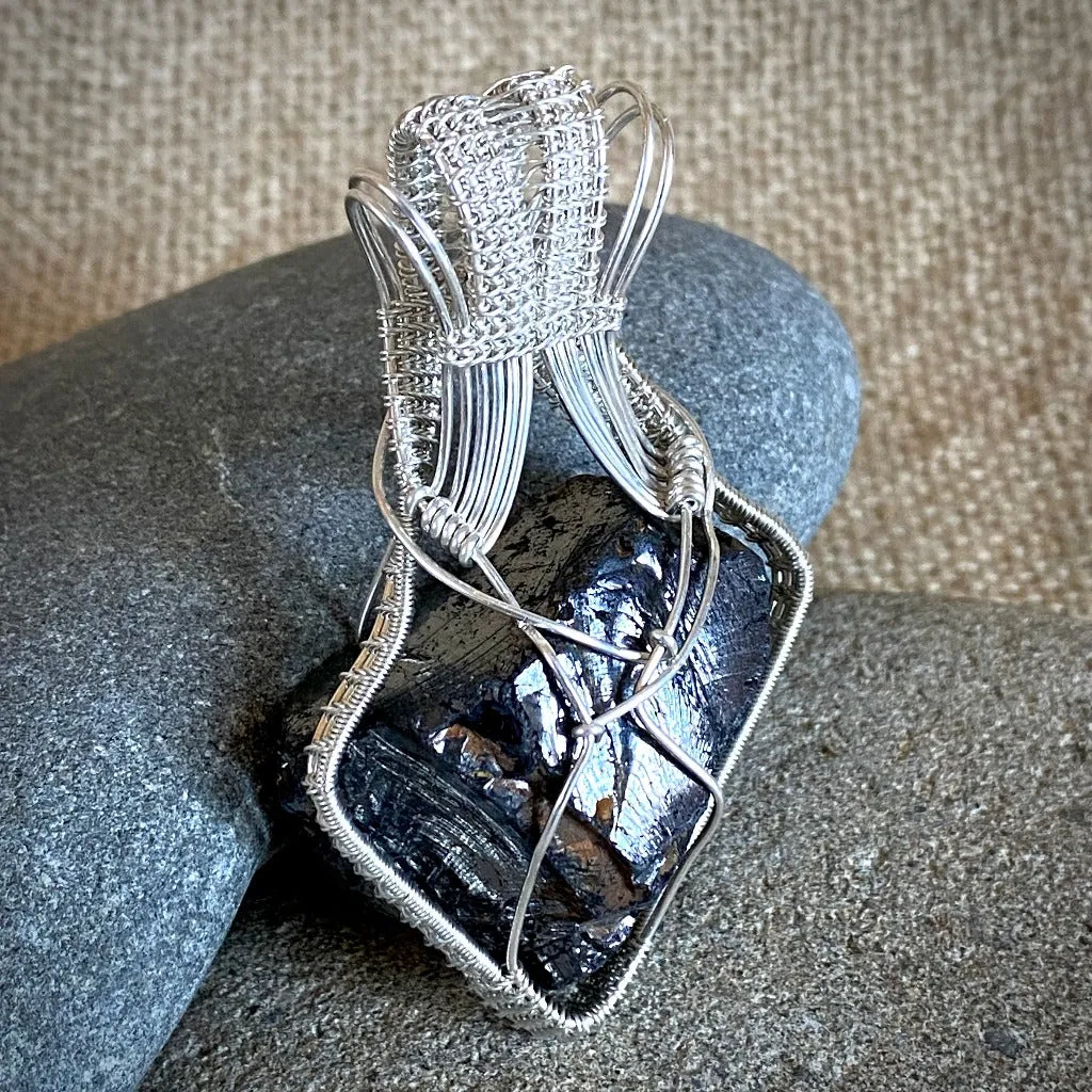 Elite Shungite Pendant, Moonstone, 32g, Woven Argentium Silver Setting