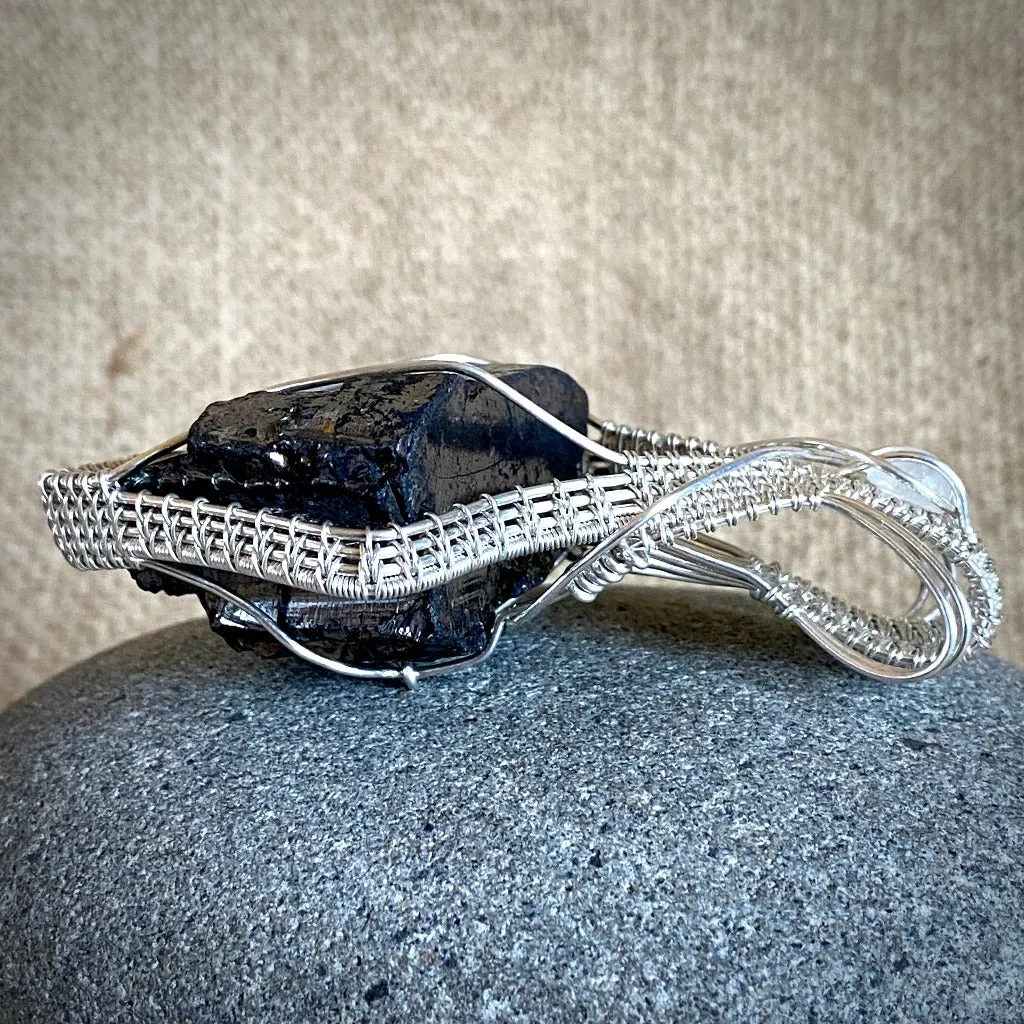 Elite Shungite Pendant, Moonstone, 32g, Woven Argentium Silver Setting