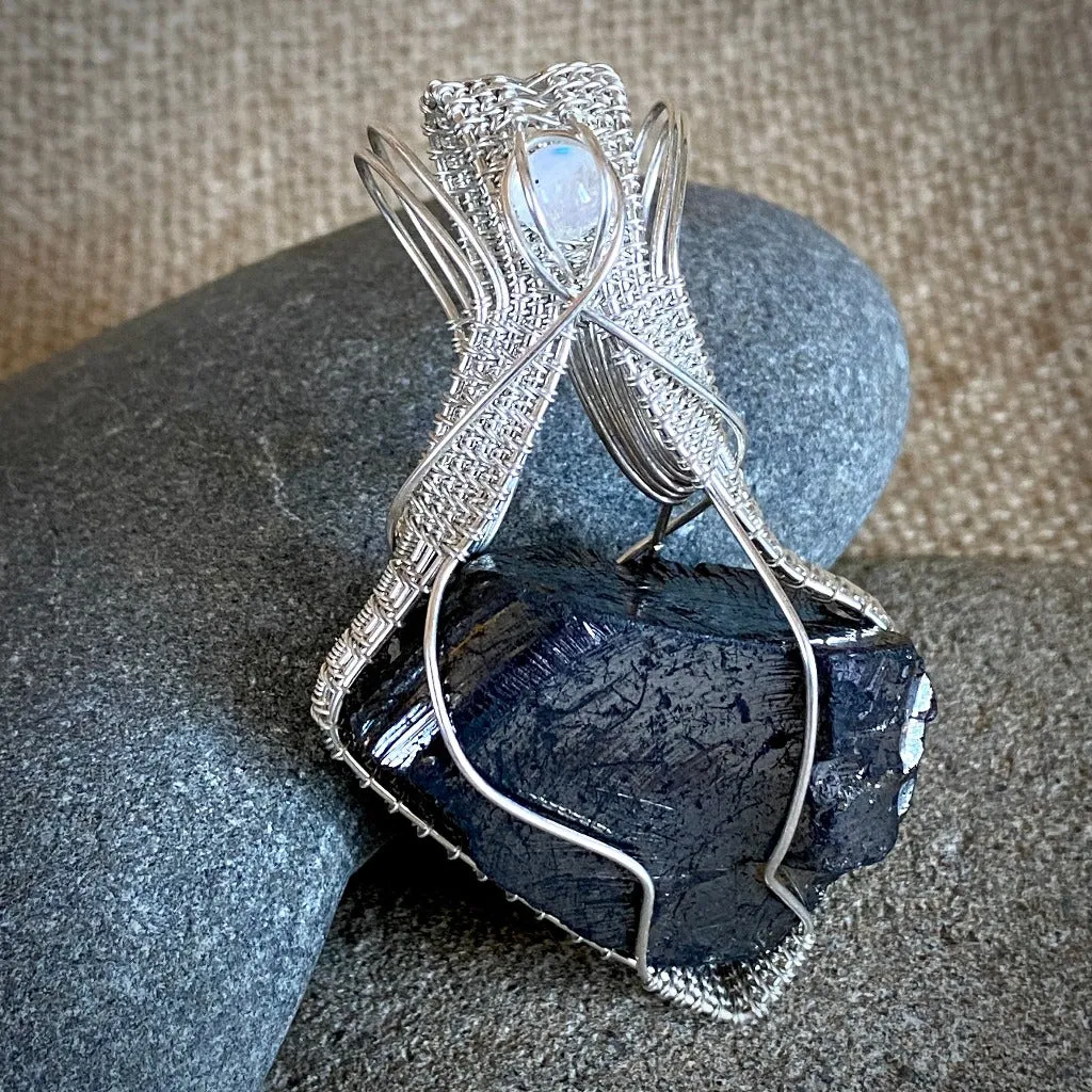 Elite Shungite Pendant, Moonstone, 32g, Woven Argentium Silver Setting