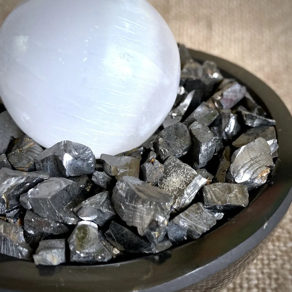 Elite Shungite Stones & Selenite Sphere in Carved Black Shungite Bowl