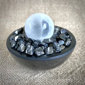 Elite Shungite Stones & Selenite Sphere in Carved Black Shungite Bowl