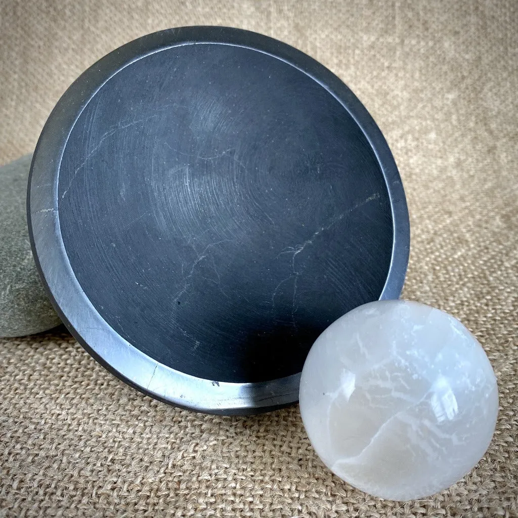 Elite Shungite Stones & Selenite Sphere in Carved Black Shungite Bowl