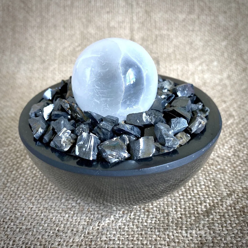 Elite Shungite Stones & Selenite Sphere in Carved Black Shungite Bowl