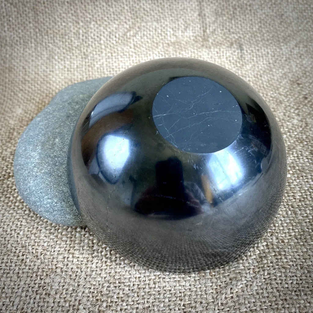 Elite Shungite Stones & Selenite Sphere in Carved Black Shungite Bowl