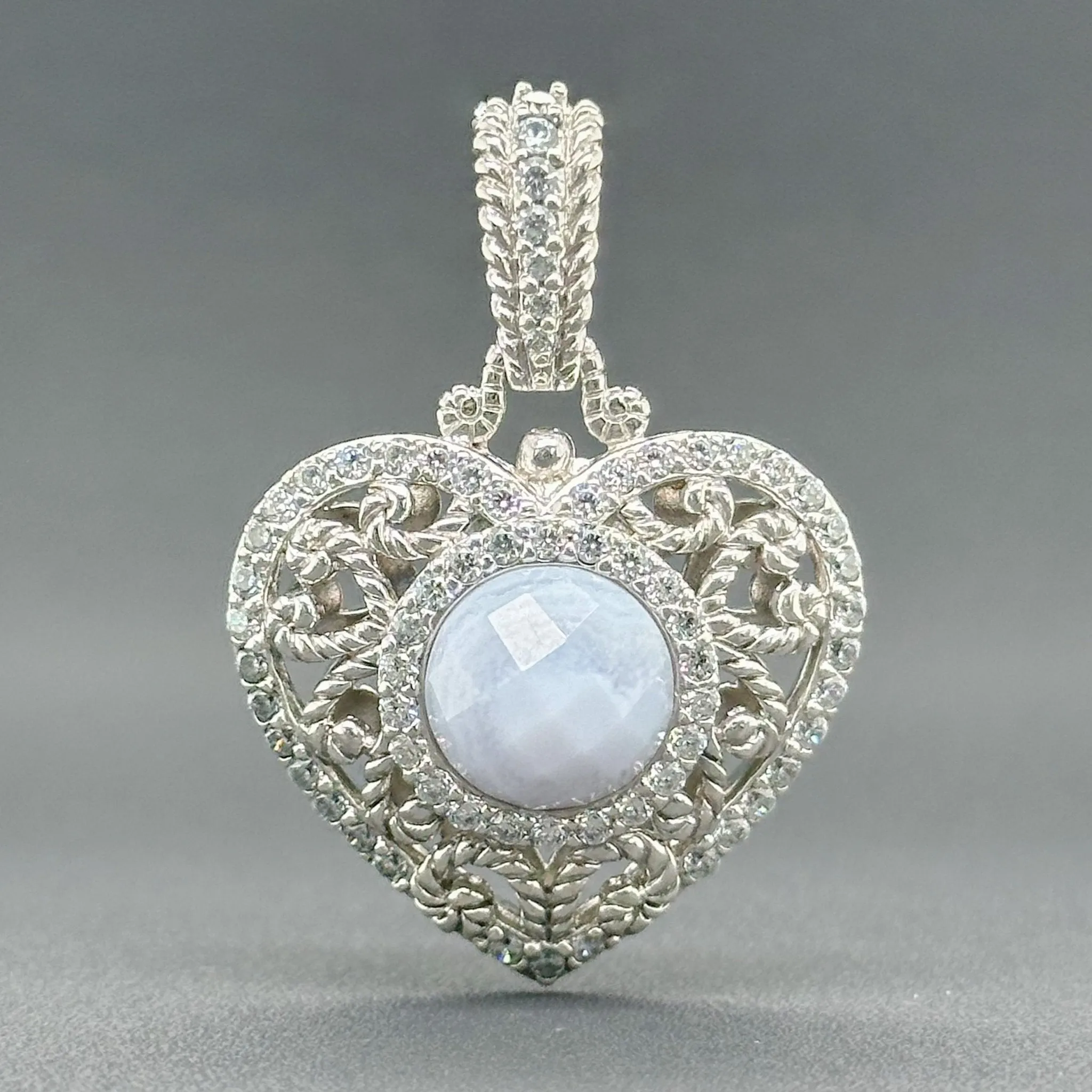 Estate Judith Ripka SS CZ & Agate Heart Enhancer Pendant