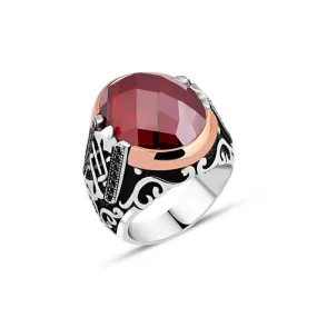 Facet Cut Red Ellipse Zircon Stone Silver Men's Ring Siding Braid Pattern and Zircons