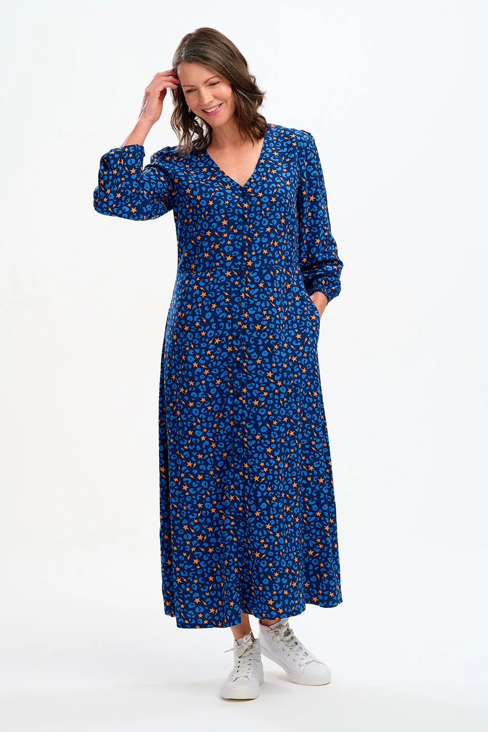 Fatimah V-Neck Maxi Dress - Blue, Star Lightning Animal