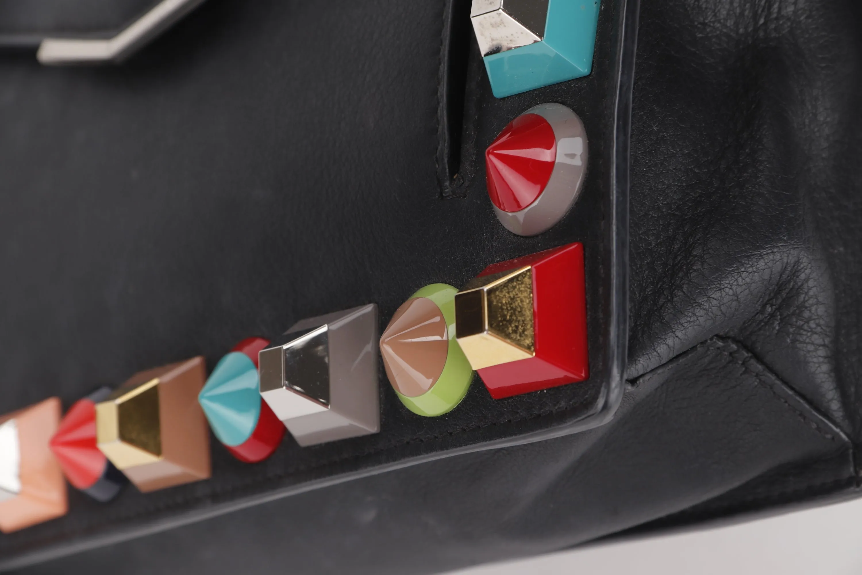 FENDI (8M0369-9DF · 178-7032) MULTICOLOR STUDDED CROSSBODY SMALL BLACK LEATHER SILVER HARDWARE, WITH CARD, STRAP & DUST COVER