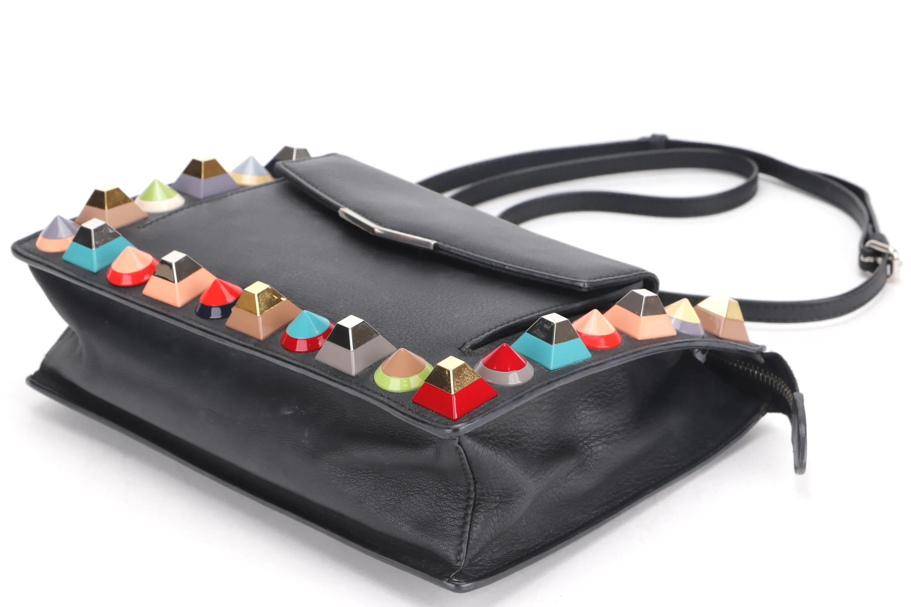 FENDI (8M0369-9DF · 178-7032) MULTICOLOR STUDDED CROSSBODY SMALL BLACK LEATHER SILVER HARDWARE, WITH CARD, STRAP & DUST COVER