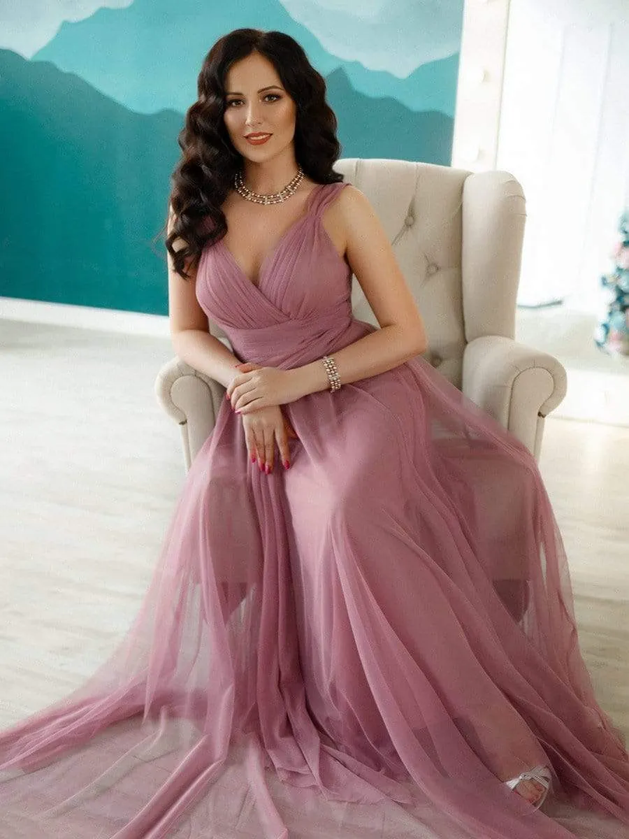 Floor Length Double V Neck Tulle Bridesmaid Dresses