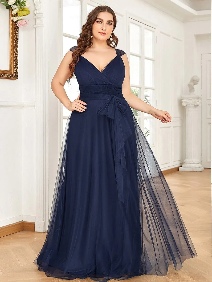 Floor Length Double V Neck Tulle Bridesmaid Dresses