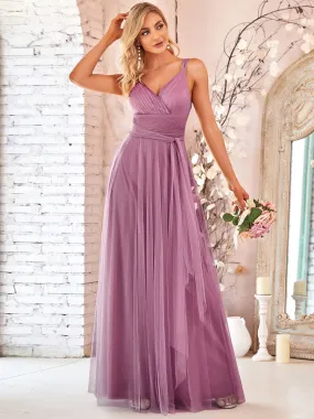 Floor Length Double V Neck Tulle Bridesmaid Dresses