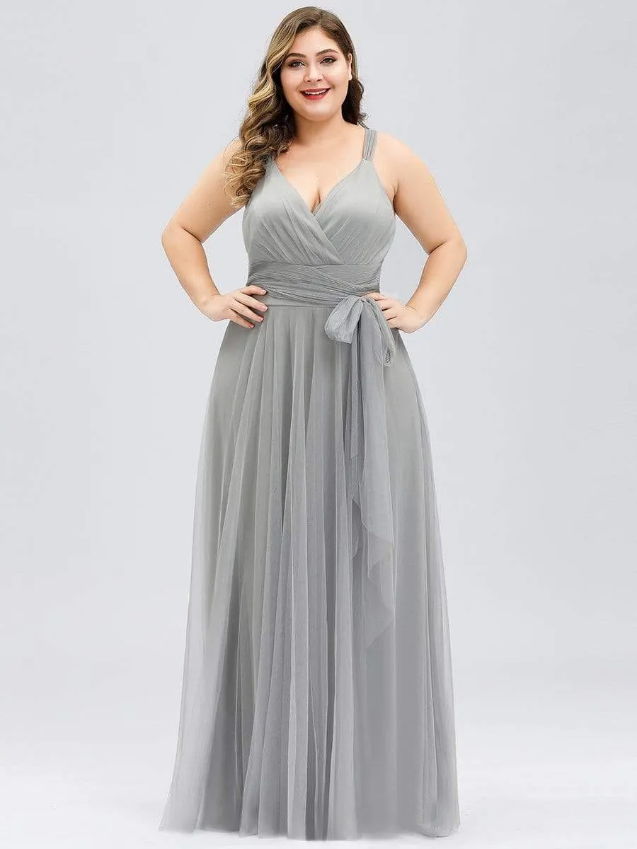 Floor Length Double V Neck Tulle Bridesmaid Dresses