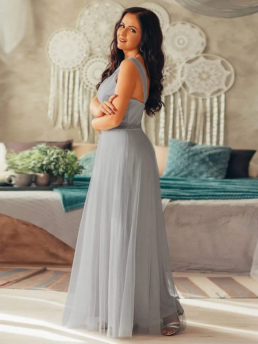 Floor Length Double V Neck Tulle Bridesmaid Dresses