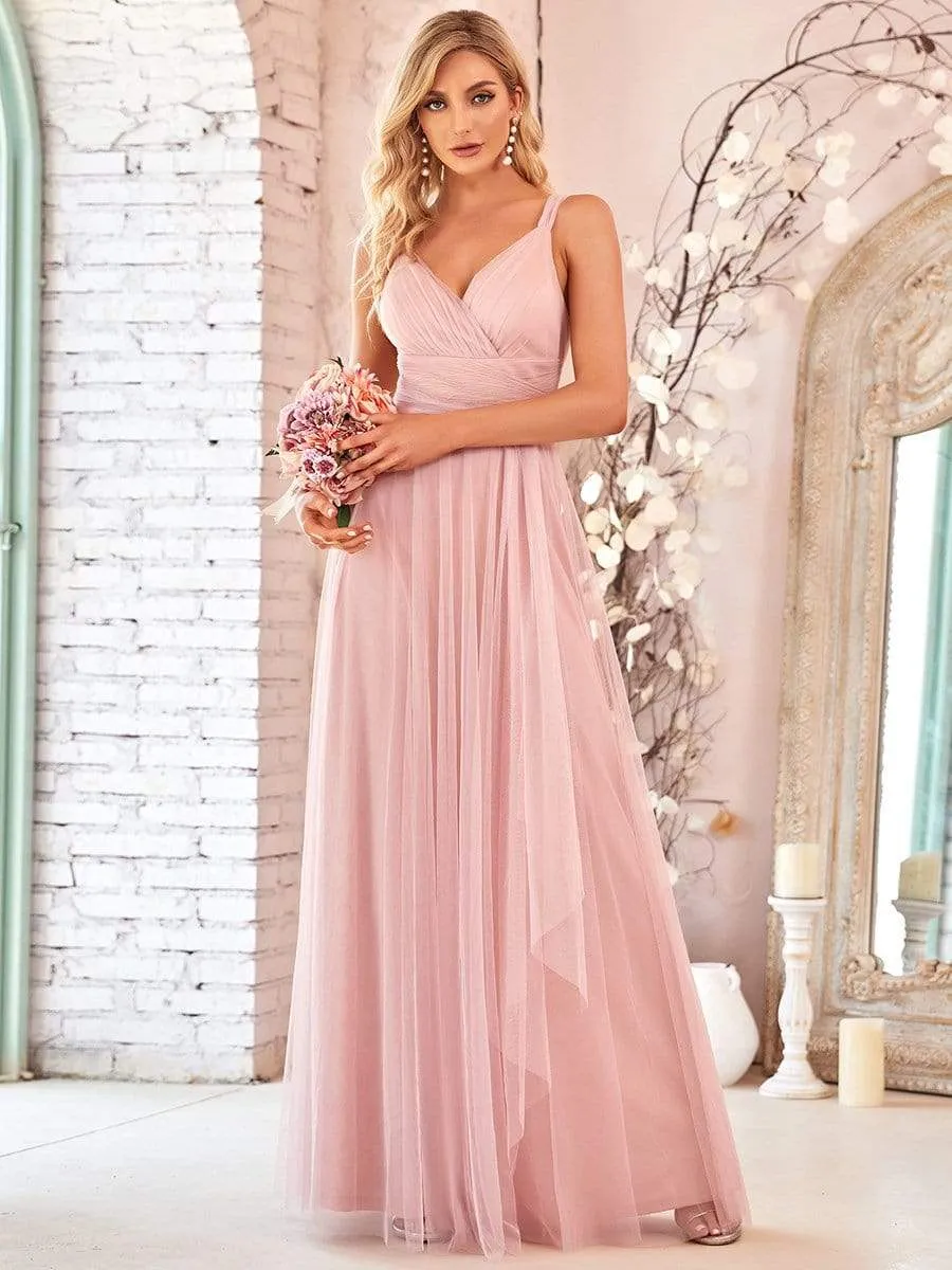 Floor Length Double V Neck Tulle Bridesmaid Dresses