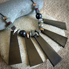 Geometric Shungite Trapezoid Necklace w/Pyrite, Hematite, & Carnelian Beads