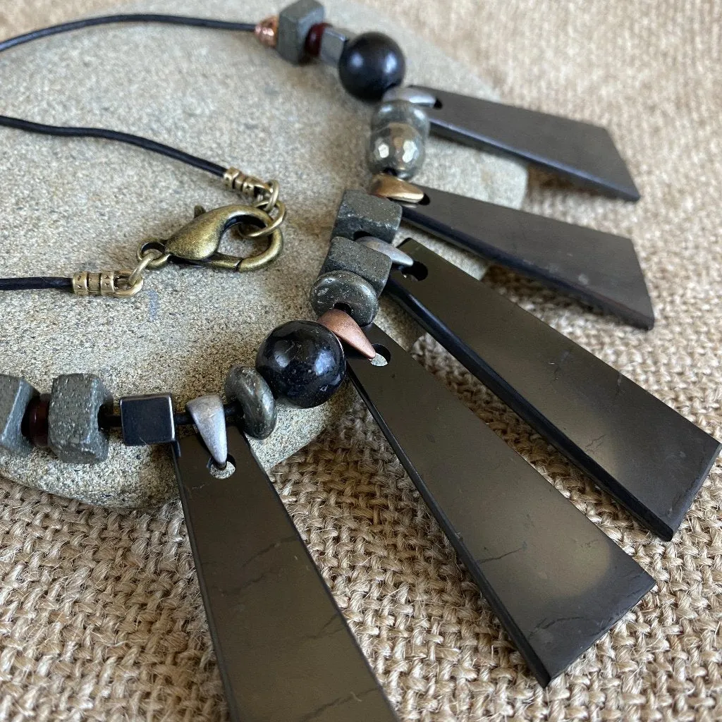 Geometric Shungite Trapezoid Necklace w/Pyrite, Hematite, & Carnelian Beads